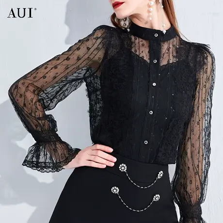 AUI黑色小众设计立领蕾丝衫女2023春秋新款洋气减龄百搭修身上衣图片