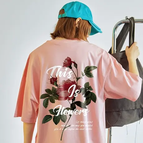美式复古vintage花朵短袖T恤男潮中性风国潮大码宽松oversize半袖商品大图