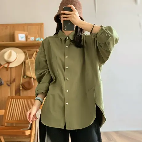 dza 复古短款polo领衬衫外套女春秋新款宽松大版显瘦衬衣休闲上衣图片