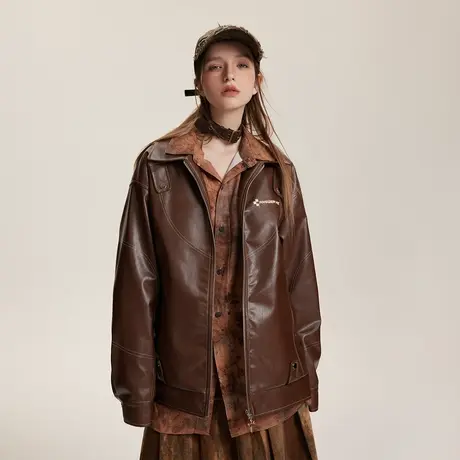 街头潮牌复古皮衣外套女2024春季新款美拉德情侣装PU皮夹克上衣商品大图