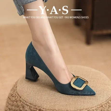 5CM高跟鞋春季女粗跟气质名媛2024年新款黑色职业工作鞋尖头方扣图片