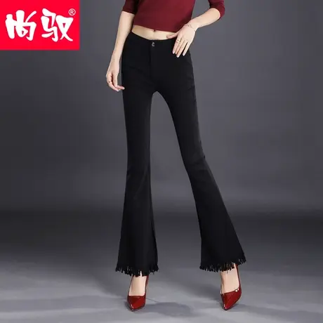 尚驭休闲裤女黑色流苏微喇裤春秋穿搭新款弹力通勤喇叭裤紧身长裤商品大图