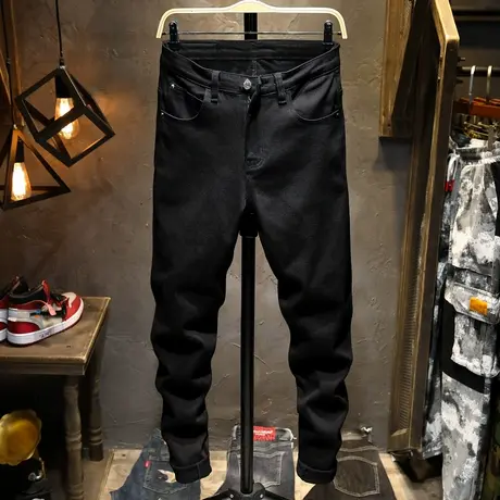 夏季新款黑色牛仔裤男修身潮牌小脚裤子男士休闲牛仔长裤韩版潮流商品大图