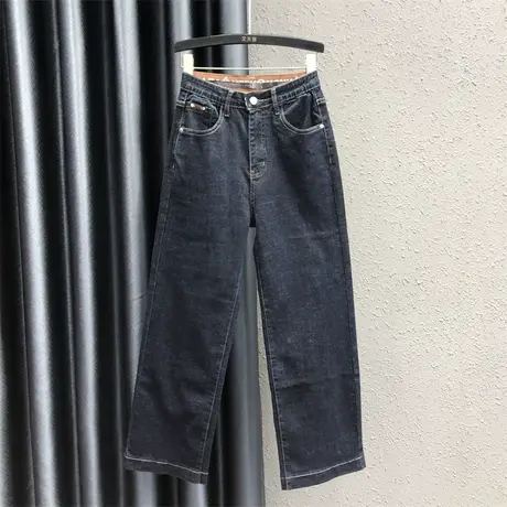 欧货休闲直筒裤女2024春夏新款深蓝色设计感气质高腰显瘦牛仔长裤图片