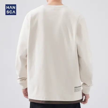 hansca 280g重磅假两件长袖t恤男士潮牌春季新款圆领宽松休闲上衣图片