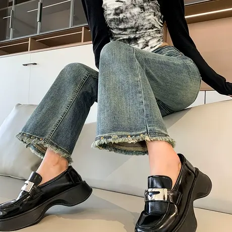 复古毛边微喇牛仔裤女2024春秋新款高腰修身显瘦拖地马蹄喇叭裤子图片