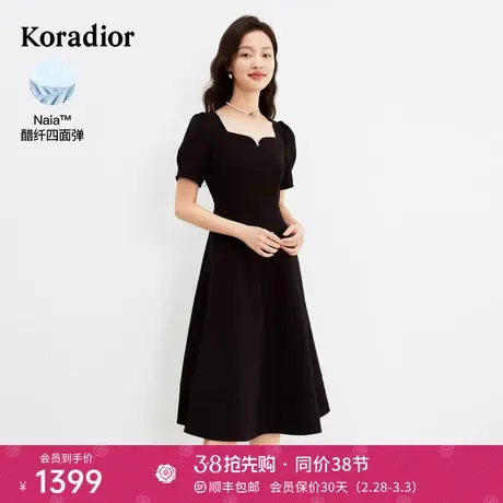 珂莱蒂尔女装2024夏季新款通勤百搭黑色修身方领气质短袖连衣裙图片