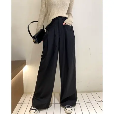 黑色2024夏装新款设计感高腰西装裤系带垂感宽松阔腿裤女休闲长裤图片
