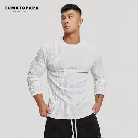TOMATOPAPA秋冬T恤男圆领弹力提花针织打底衫休闲时尚套头男上衣商品大图