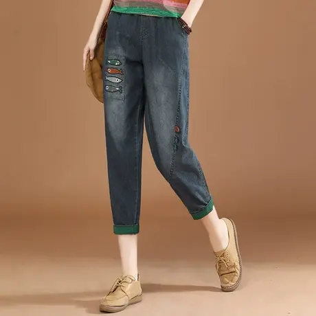 韩潮袭人松紧腰刺绣九分牛仔裤女2023夏新款宽松显瘦磨白哈伦裤薄商品大图