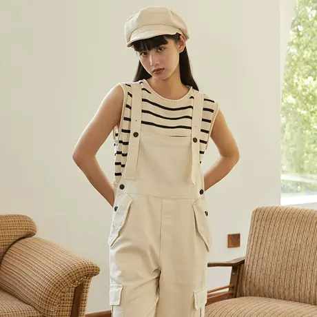 omont蛋挞家 撞色纽扣翻盖插袋设计复古背带长裤女春秋宽松直筒裤商品大图