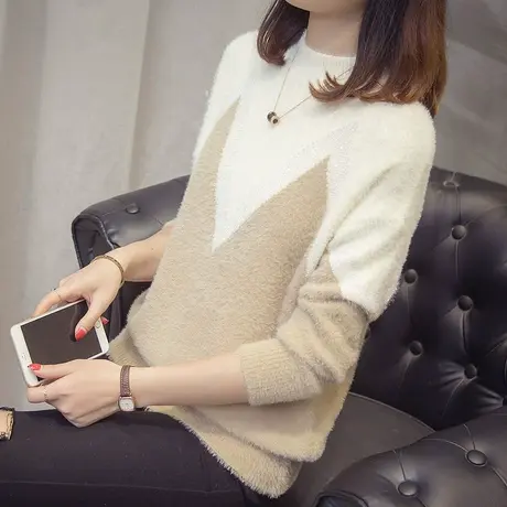 半高领网红毛衣女加厚秋冬季新款潮拼色仿水貂绒针织衫上衣服图片