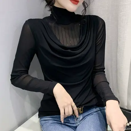 欧货打底衫女春秋新款性感网纱T恤漂亮气质纯色百搭半高领上衣ins图片