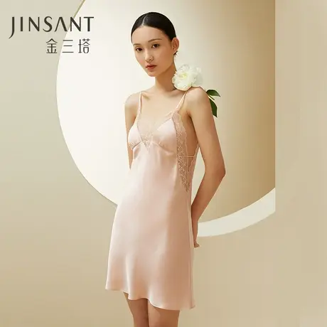 金三塔100%桑蚕丝法式性感女真丝蕾丝相拼吊带裙睡裙家居服新品商品大图