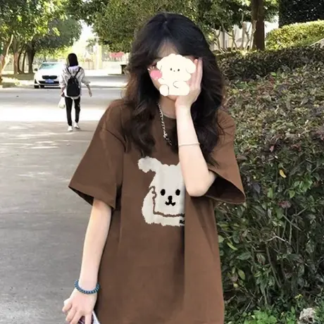 2023春季新款兔兔小众设计感棕色显白短袖T恤女国潮时尚百搭上衣商品大图