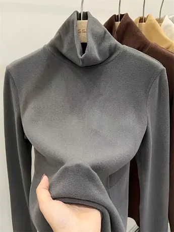 双面德绒打底衫女秋冬内搭加绒加厚保暖修身上衣纯色长袖t恤女潮商品大图