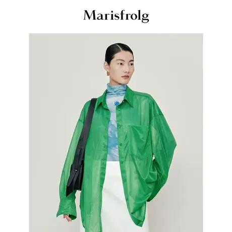 【透气网纱面料】玛丝菲尔23年春夏新款高更绿透视轻薄中长款衬衫商品大图