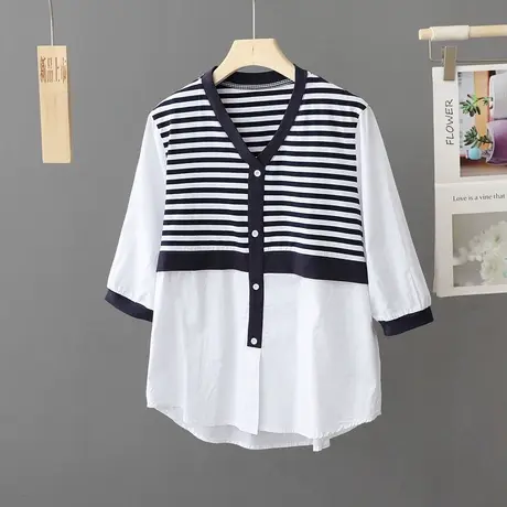 蓝色条纹拼接白色衬衫女纯棉夏季薄款上衣设计感套头韩版宽松衬衣图片