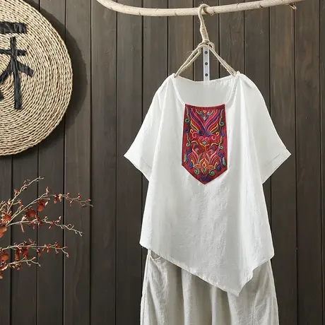 枫谜2021年夏季新款民族风刺绣贴布棉麻短袖T恤女休闲圆领T恤上衣图片