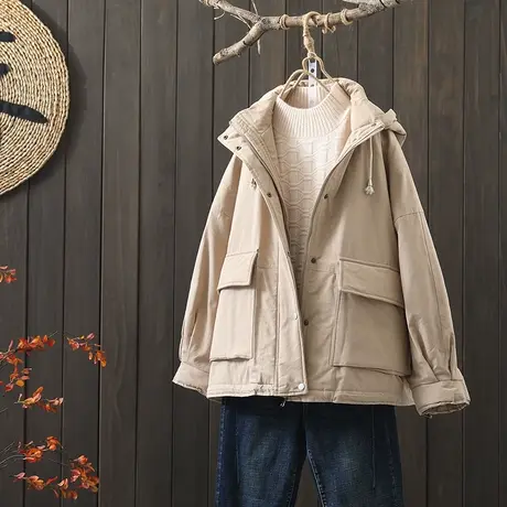 枫谜2020年冬季新款文艺简约加厚连帽棉衣女宽松保暖工装棉服外套图片