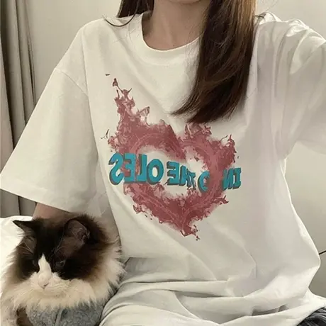 美式复古短袖t恤女宽松韩版ins潮原宿风半袖设计感小众纯棉上衣服商品大图