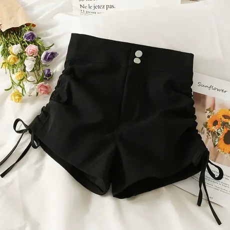 2023年早春韩版时尚百搭两粒扣高腰侧边抽绳显瘦黑色A字阔腿短裤图片