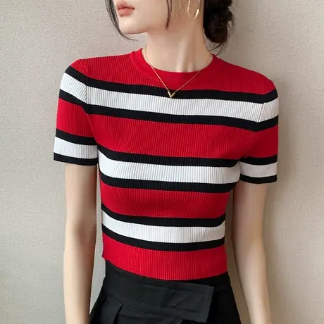 欧货条纹圆领短袖T恤女2023夏新款冰丝薄款透气修身显瘦百搭上衣商品大图