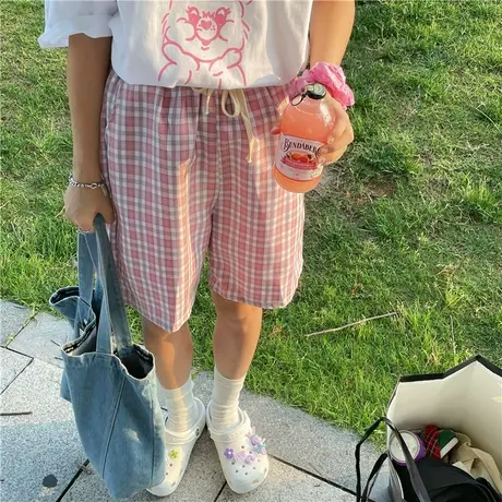 红续2023新款韩版复古格子小清新盐系少女温柔风百搭运动休闲短裤商品大图