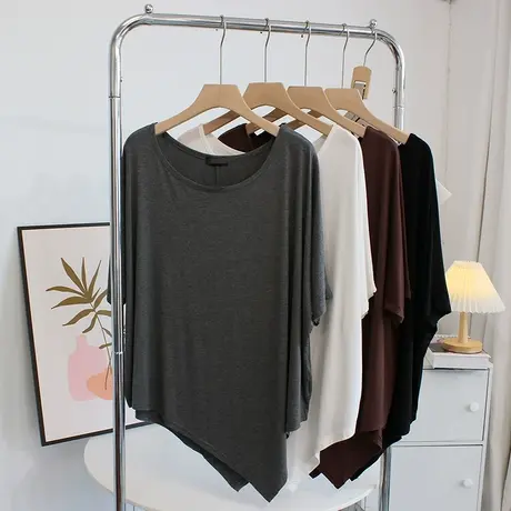 设计感柔软莫代尔t恤女夏季洋气百搭宽松薄短袖不规则舞蹈服上衣商品大图