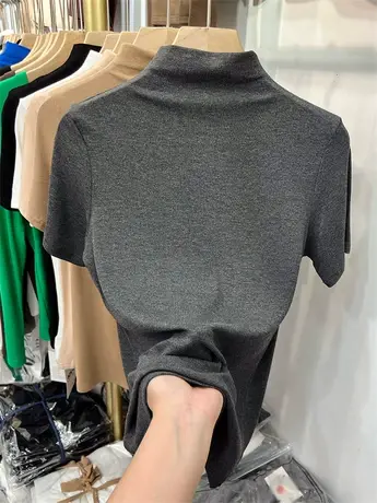 半高领纯色针织衫内搭短袖T恤女2023春季新款法式修身冰丝打底衫商品大图