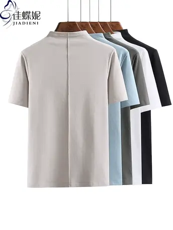 早秋新款半高领压线拼接修身显瘦纯色简约纯棉短袖体恤上衣女打底商品大图