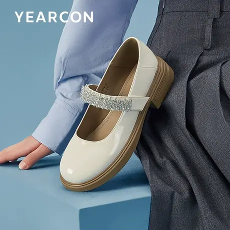 意尔康玛丽珍女鞋2023春季新款粗跟圆头复古松糕小皮鞋魔术贴单鞋商品大图