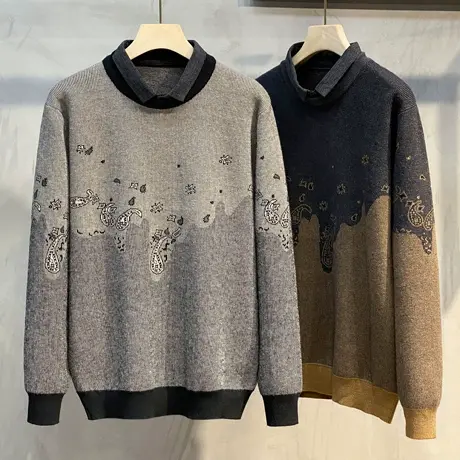 假两件男士衬衫领针织衫上衣2023新款潮流腰花加绒加厚毛衣男秋冬商品大图