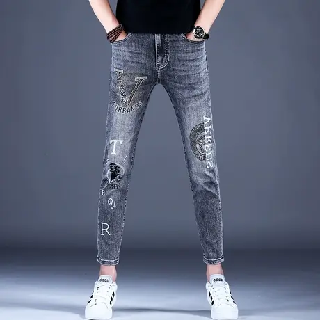 2023新款九分印花牛仔裤男款修身小脚韩版潮流裤子男休闲弹力百搭商品大图