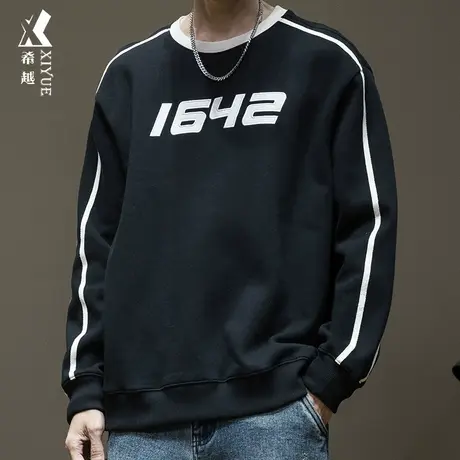 希越美式圆领条纹套头卫衣男秋季宽松大码400g重磅加肥加大打底衫商品大图