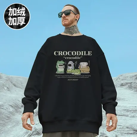 大码无帽美式潮牌胖子男装加绒潮流宽松国潮情侣圆领卫衣男秋冬款图片