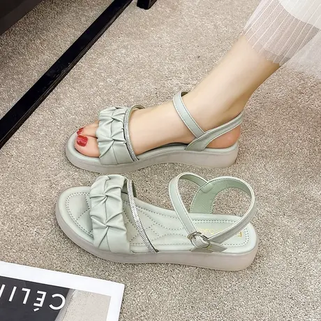 厚底凉鞋女2023年新款夏季平底女鞋一字带软底软皮仙女风沙滩凉鞋商品大图