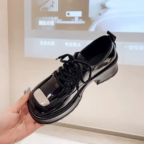 小皮鞋女春秋学院风马蹄坡跟增高夏秋季休闲显脚小百搭厚底乐福鞋商品大图