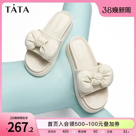 Tata他她蝴蝶结羊皮拖鞋女外穿仙女风一字拖2023夏季新款WBB01BT3商品大图