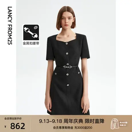 朗姿法式别致复古收腰连衣裙2023夏季新款气质高级感显瘦小黑裙女图片