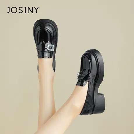 Josiny/卓诗尼黑色乐福鞋女2024新款春季厚底漆面水钻小皮鞋单鞋商品大图