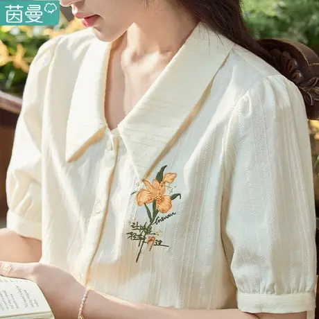 茵曼官方旗舰店短袖纯棉衬衫女洋气夏季衬衣2023新款女款刺绣日系图片