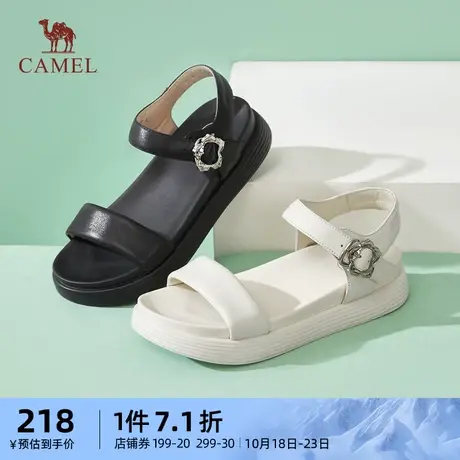 骆驼女鞋2023夏季新款休闲软底一字带凉鞋女露趾真皮厚底凉鞋女图片