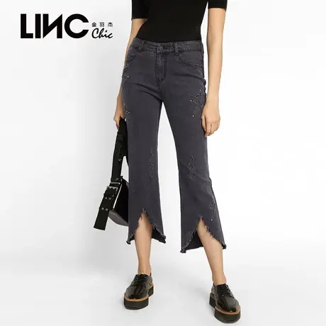 LINC金羽杰牛仔裤女秋新款裤脚微喇做旧牛仔裤女喇叭裤8322277商品大图