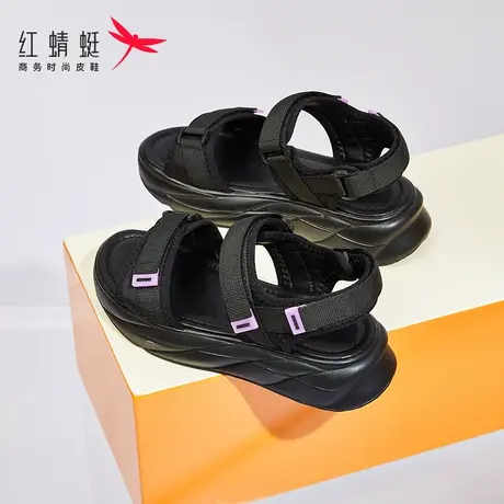 红蜻蜓黑色运动凉鞋女ins潮2023夏季松糕底厚底魔术贴休闲沙滩鞋图片
