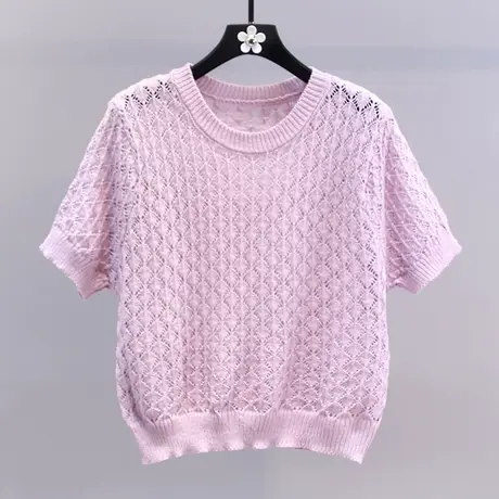 圆领短袖t恤镂空针织衫女2023年新款宽松显瘦短款高级感薄款上衣图片