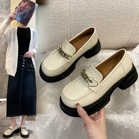 一脚蹬厚底乐福鞋女鞋2024春季新款英伦风小皮鞋女黑色百搭单鞋子图片