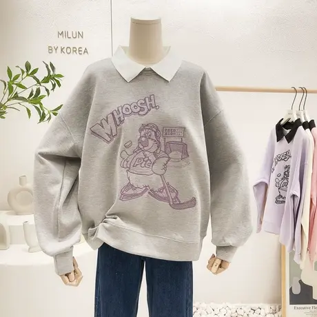 韩国东大门上衣2022早春新款甜美慵懒小熊Polo领卫衣宽松显瘦休闲商品大图