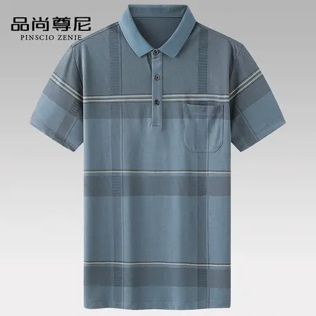 老年人夏装男冰爽棉格纹宽松休闲Polo衫40-50岁半开襟爸爸t恤短袖图片