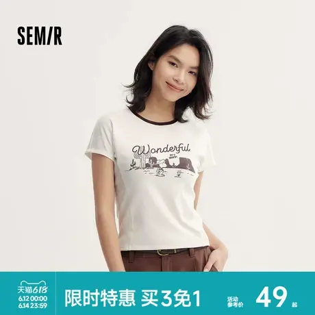 森马史努比系列短袖T恤女短款紧身撞色复古风夏季小个子印花上衣商品大图